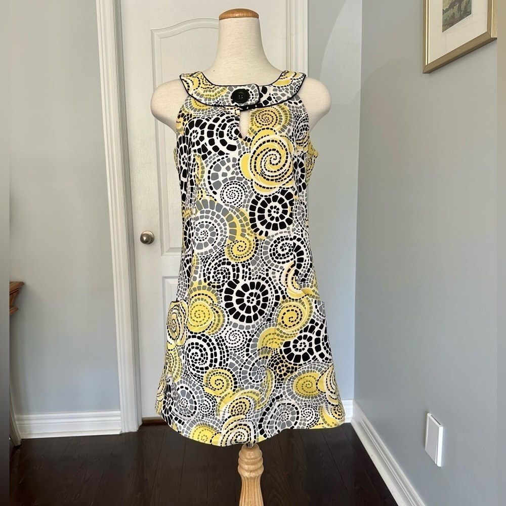 JAX Retro style A-Line Trapeze dress in yellow with black dots - Size 6